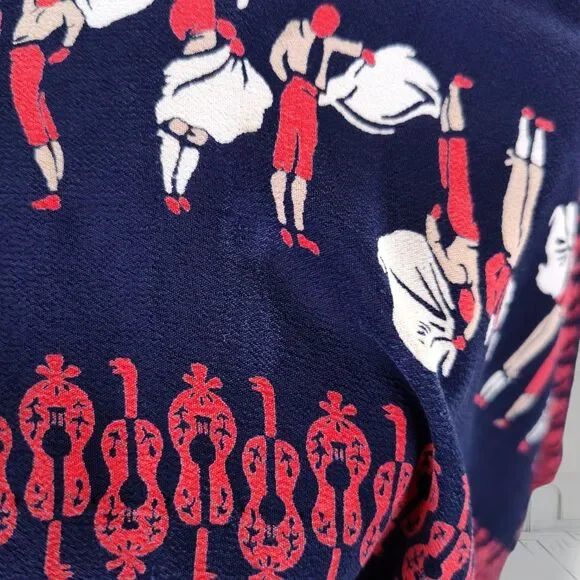 Vintage 50s Full Novelty Print Skirt Size XS Blue Silk Bullfighter Print